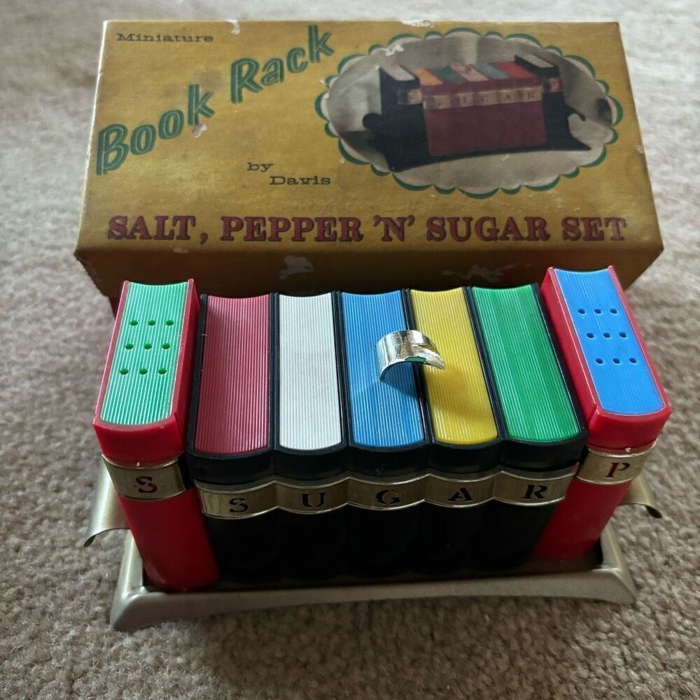 Miniature Book Rack Salt, Pepper ‘N’ Sugar Set In Original Box